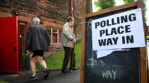 Sign saying polling place and way in. There is a man with grey hair and wearing shorts walking into a building. |He is passing a woman with a stick who has just come out