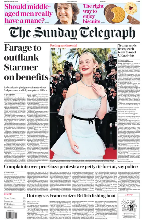 Sunday Telegraph front page with headline" Farage to outflank Starmer on benefits".