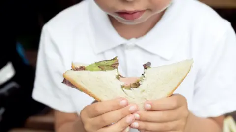 A child wearing a white polo shirt ponders taking another bite of their sandwich. The sandwich is made from white bread and has a filling of lettuce and cold meat.