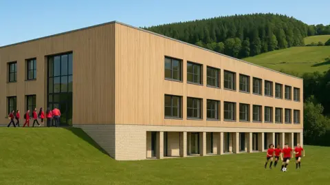 An artists' impression of a three-storey school building. Green space is in the background. The extension has modern wood cladding. Children are playing football outside. 