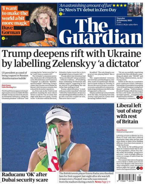 Guardian headline reads: Trump deepens rift with Ukraine by labelling Zelenskyy 'a dictator'