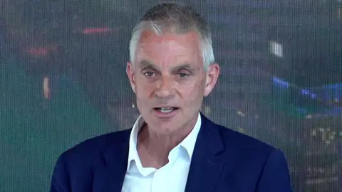 Tim Davie pictured at the BBC's headquarters in Salford ahead of giving his speech