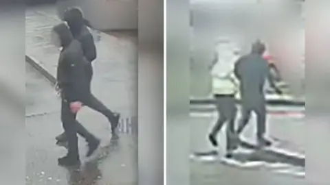 PSNI Two photos side by side.
On the left: two men walking side by side in black with blurred faces, hoods up and black shoes walking on a wet looking pavement.
On the right: two men's back, walking away side by side. The one on the left is wearing a yellow high viz jacket. The background is blurred out.