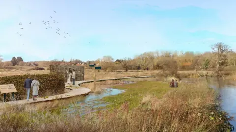 A mock-up image of a farm land. It shows people walking along a winding wooden footpath next to water and a grassy area. In the background is a meadow and trees, and blue sky with a flock of birds.