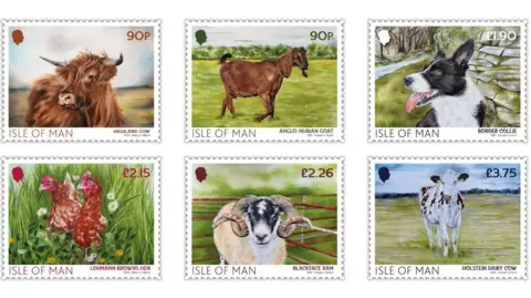 IOMPO The colourful collection shows drawing of a highland cow, a goat, a border collie, two hens a ram and a cow.