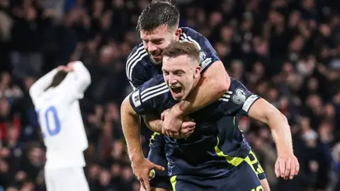 Scotland's Grant Hanley and Lewis Ferguson celebrate against Greece
