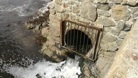 Storm overflow pipe. A metal grate covers a hole in a stone wall. Water is seen flowing out of the pipe into a body of water.