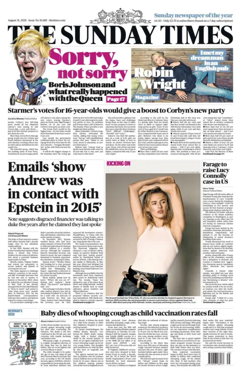 The Sunday Times lead story is "Emails 'show Andrew was in contact with Epstein in 2015'". 