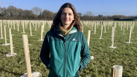 BBC A woman with long brown hair standing in the middle of a woodland where hundreds of trees are being grown. She is wearing a blue outdoors jacket with her hands in her pockets. 