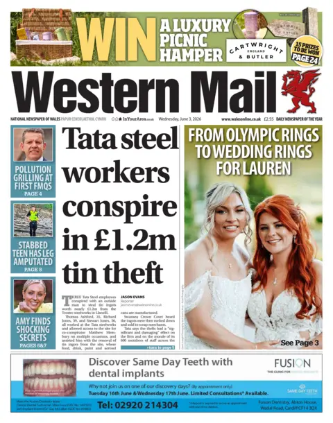 Western Mail Western Mail front page with headline Tata steel workers conspire in £1.2m theft. Next to it is an image of Lauren Price and her wife in wedding dresses with headline: From Olympic rings to wedding rings for Lauren. Other headlines including: Stabbed teen has leg amputated, Amy finds shocking secrets, and pollution grilling at first FMQs. 