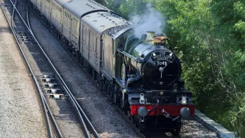 Les Williams A steam train is going past seen from a railway bridge. 