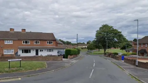 A road with a row of houses facing the camera on the left hand side and houses on the right hand aside after which is a tree and open green space.