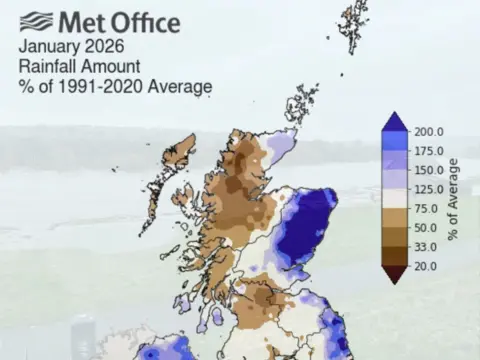 A map of January rainfall - over an image of the flooded River Dee in Aberdeen - showing how much more rain there has been in the east coast of Scotland compared with the west coast.
