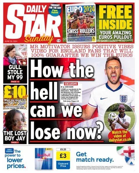 The headline in the Daily Star reads: "How the hell can we lose now?". It appears alongside a picture of England captain Harry Kane and celebrity fitness coach Mr Motivator, who has released a video encouraging the team. 