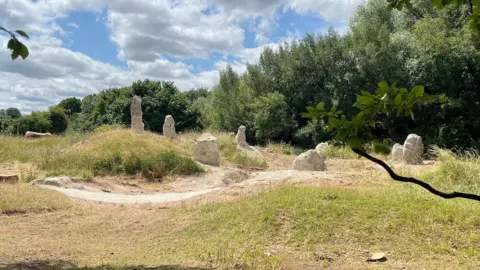 Tony Fisher/BBC Eight chalk stones form a circle as part of a new henge. There are trees in the background and the stones are surrounded by wispy grass.