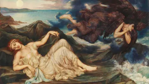 A Pre-Raphaelite-style maiden rests on a rocky shore away from the crashing waves and the flying angel of death.