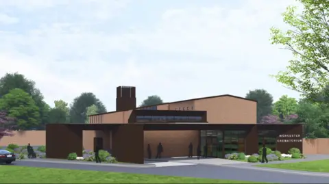 Worcester City Council A 3-d image showing a brown building surrounded by trees and green grass areas.
