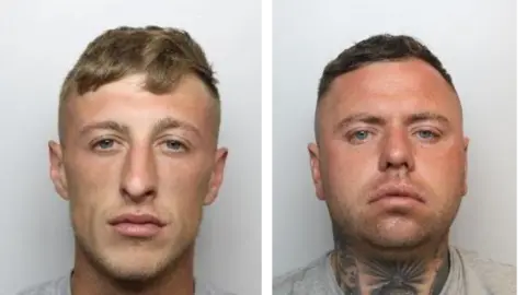 Police mugshots of Luke Rushforth and Joshua Stevens. Rushforth has short light brown hair and blue eyes. Stevens also has short brown hair and blue eyes. He has a neck tattoo. Both are wearing grey tops.