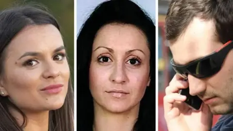 BBC Composite image of Vanya Gaberova, Katrin Ivanova and Tihomir Ivanchev, who is wearing sunglasses and holding a phone to his ear
