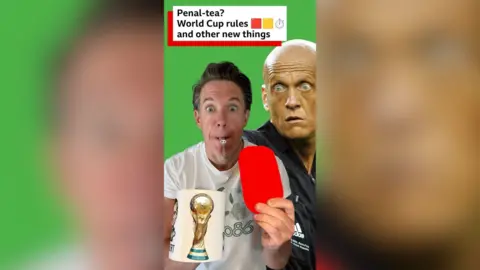 A presenter in a stylised image opens his eyes wide, whistle in mouth, while holding up a red card and a mug with the Wrld Cup trophy on it. Over his left should is an image of Italian referee Pierluigi Collina with his eyes bulging and at the top is a block of text which says "Penal-tea? World Cup rules and other new things", with stopwatch, red and yellow card emojis