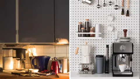 Getty Images Two side-by-side images showing kitchen worktops and appliances in the foreground. The left shows a kettle, mugs, pans, and utensils messily arranged. The right image shows a pegboard wall with hanging cups, measuring spoons, and containers above a coffee machine, grinder, and stacked crockery. There are also shelves holding jars and kitchen items.
