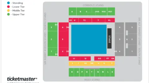 Ticketmaster A aerial illustration of the seating arrangements inside Portman Road.