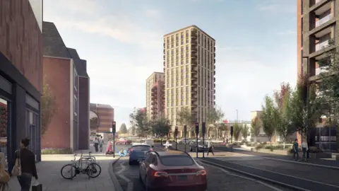 An artist's impression of two new rectangular tower blocks proposed for Redhill, with roads, traffic and pedestrians in the foreground.