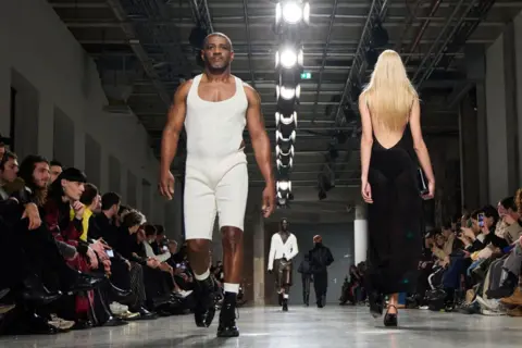 France, Peter White/Getty Image Paris -January 22: LGN Louis Gabriel Knout Men's Wear Autumn/Wear, 2025/2026 in Paris in Paris, France on January 22, 2025 The model walks on the runway as part of the week.