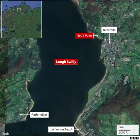 a gmap in graphic form shoiwng the area of a drowning tragedy in County Donegal in Ireland - it shows Lough Swilly, Rathmullan and Buncrana. Neds Point is also clearly marked.
