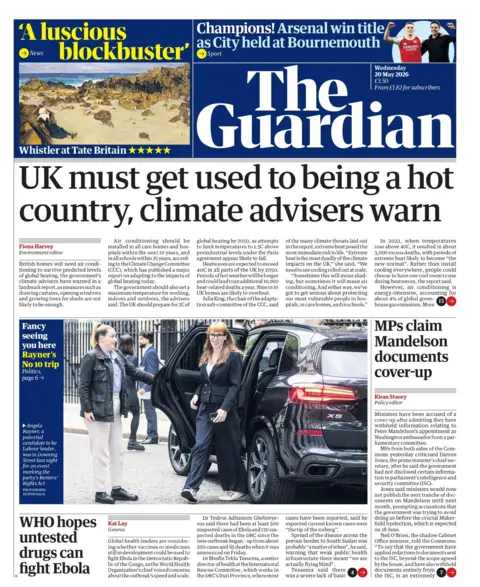 "UK must get used to being a hot country, climate advisers warn," reads the headline on the front page of the Guardian.