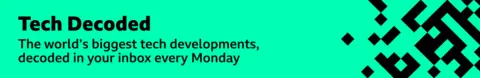 A green promotional banner with black squares and rectangles forming pixels, moving in from the right. The text says: “Tech Decoded: The world’s biggest tech developments, decoded in your inbox every Monday.”