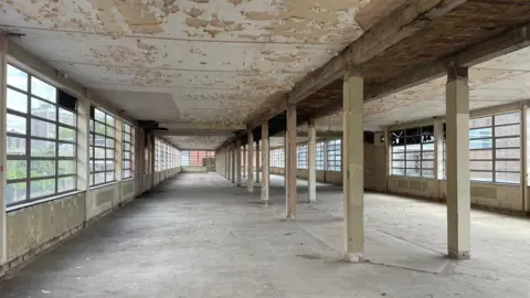 LDRS A large, empty industrial room with rows of pillars, wide windows along both sides, and a peeling paint ceiling. The concrete floor is bare and dusty, giving the space an abandoned, worn-down feel.