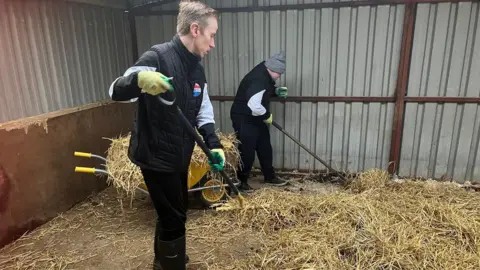 Two men working in the donkey paddock brushing up hay with forks. Both are wearing black trousers and a black puffer coat with white lining. One man is wearing a grey beanie hat. They are wearing yellow and green working gloves. 