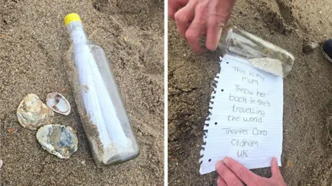 A composite picture shows an image of ashes and a message in a clear glass bottle on sand, with three shells placed next to it. The second image shows someone's hands holding down a handwritten note next to the bottle. The note says: "This is my mum. Throw her back in - she's travelling the world. Thanks Cara, Oldham".