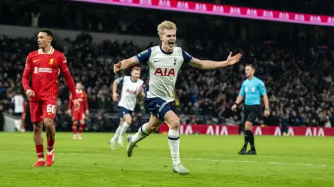 Tottenham celebrate Lucas Bergvall's late winner for Tottenham