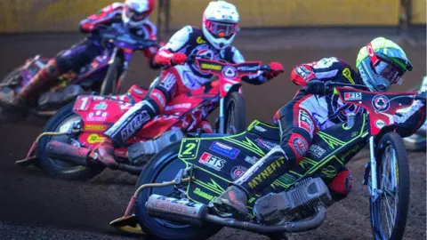 Getty Images Riders during a Peterborough Panthers v Belle Vue race