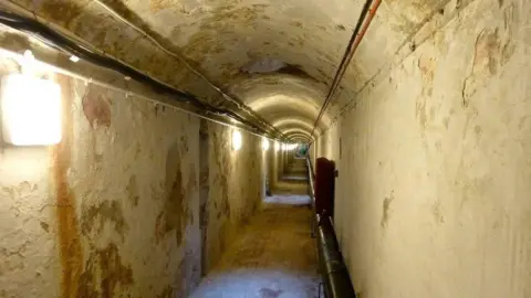 BBC A tunnel beneath the Royal Pavilion in Brighton. The tunnel has straight side and a curved roof. The walls are white but the paint is peeling away. There is a square light on the left wall.