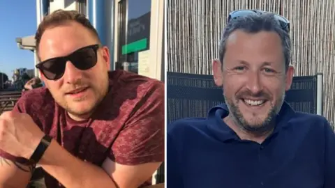 Norfolk Police Edward Trudgill (left) in a red T-shirt and sunglasses. On the right is Daniel Macdonald in a navy polo shirt, with sunglasses on top of his head.