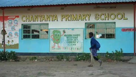 A pupil walking past a school building