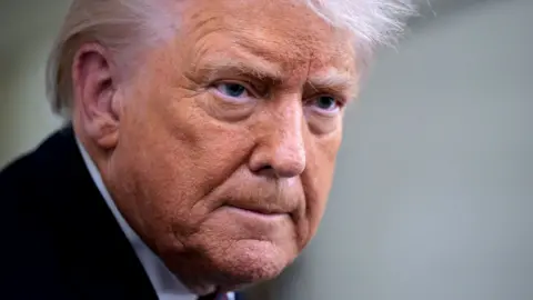 President Trump talks to reporters on Air Force One on Saturday. He is holding both hands up and Press Secretary Karoline Leavitt is watching on from behind.