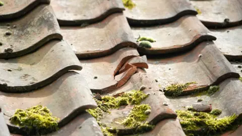 Qays Najm/BBC A close-up of a damage tile on a roof.