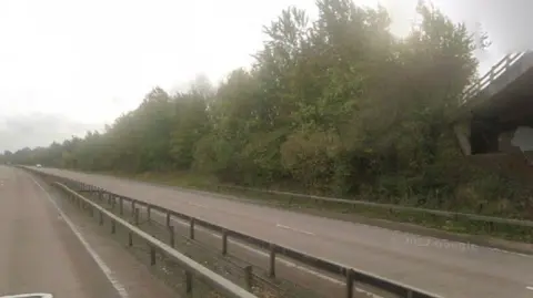 A Google streetview of an almost empty dual carriageway pictured on a grey, overcast day. There are trees lining one side of the road and a metal barrier between the two opposite carriageways.