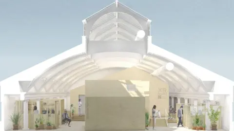 EDRM Architects An artist's impression of a the first floor of The Baths after it has been transformed. It shows an arched roof above spaces which show mostly men, sitting, looking at phones, walking etc. There are pot plants in the room which is sectioned off into different spaces.