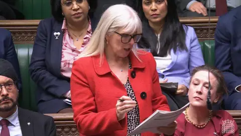 MP Allison Gardner, a woman wearing a red suit jacket and holding a piece of paper, is standing in the House of Commons. She is surrounded by other MPs, some of whom are looking at her while she speaks.
