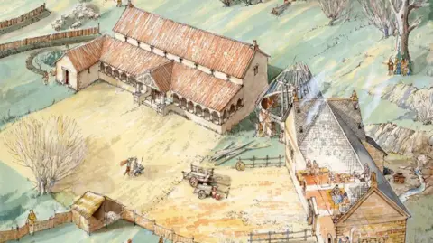 CLASP An artist's impression of a Roman villa complex in the late 4th Century. It shows a two-storey villa with a terracotta roof and a window on the gable end. On the ground floor is a roofed veranda with pillars and an entrance. To its right is a round house and to its right is another build