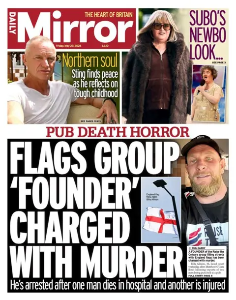 "Flags group 'founder' charged with murder" reads the headline on the front page of the Daily Mirror.