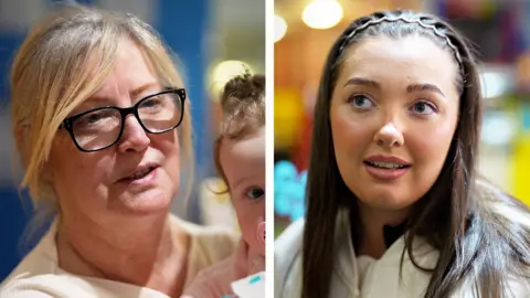 A composite image of two women - an older woman with blonde hair and glasses holding a baby in her arms and a close up of a younger woman with brown hair.