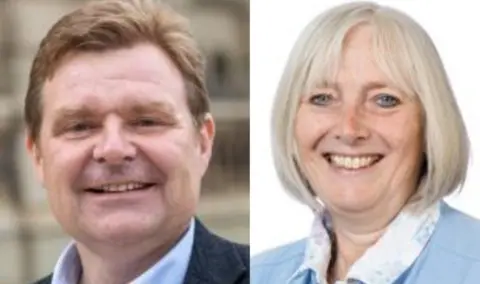 Two portrait head and shoulder shots of a man, left, and woman, right. Both are smiling. The man has short reddish brown hair, a blue shirt and dark blazer. The woman is blonde with blue eyes and is wearing a pale shirt with pastel floral pattern and blue jacket.