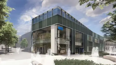 Nottingham City Council An artist's impression of an NHS diagnostics centre in Nottingham's city centre. The illustration shows a glass-fronted building with green cladding on the sides surrounding by a row of trees.
