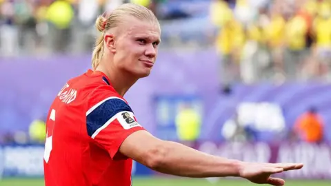 Erling Haaland of Norway celebrates after their victory over Brazil in the last 16